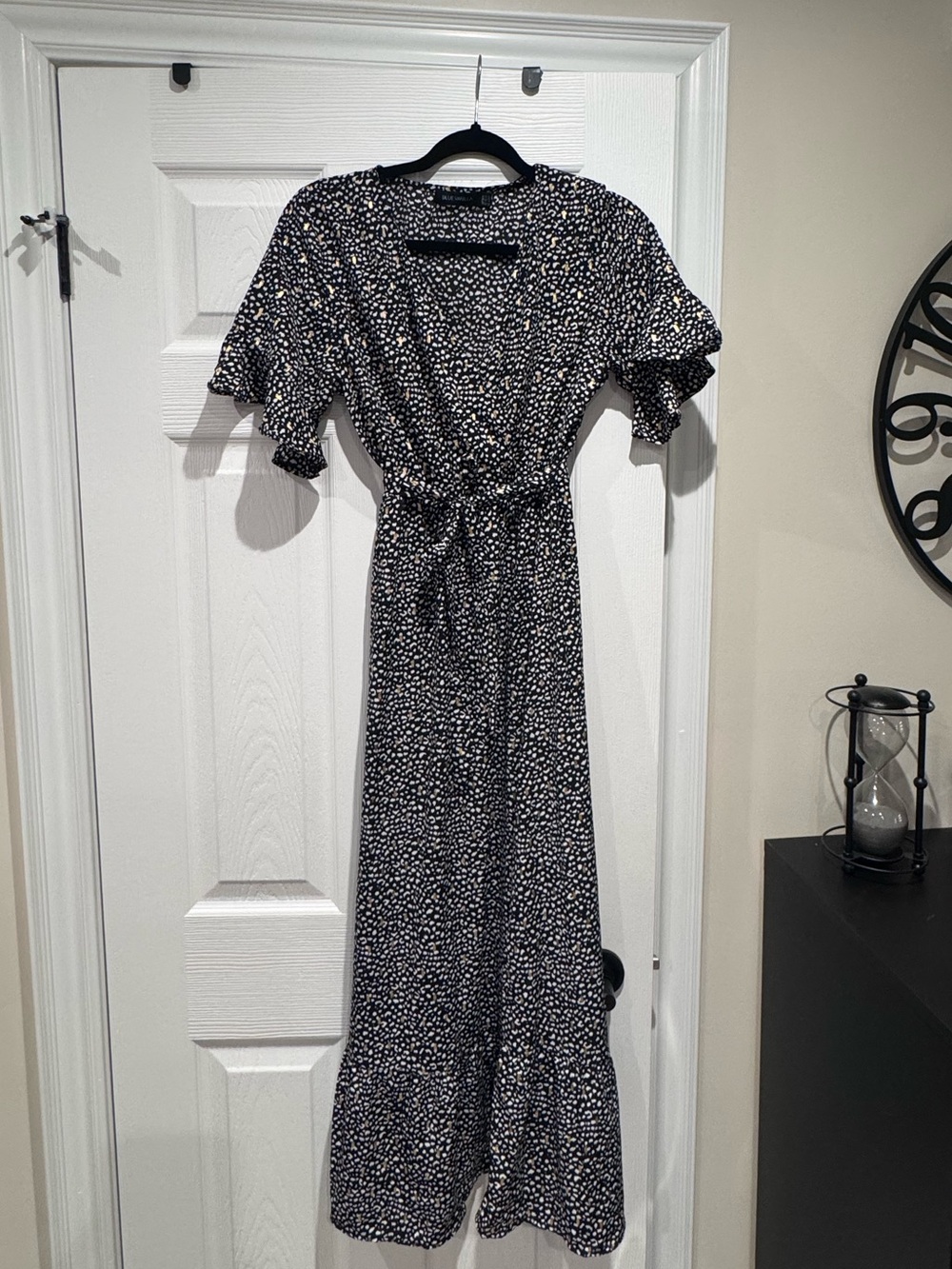 Black, White & Gold Floral Wrap Maxi Dress